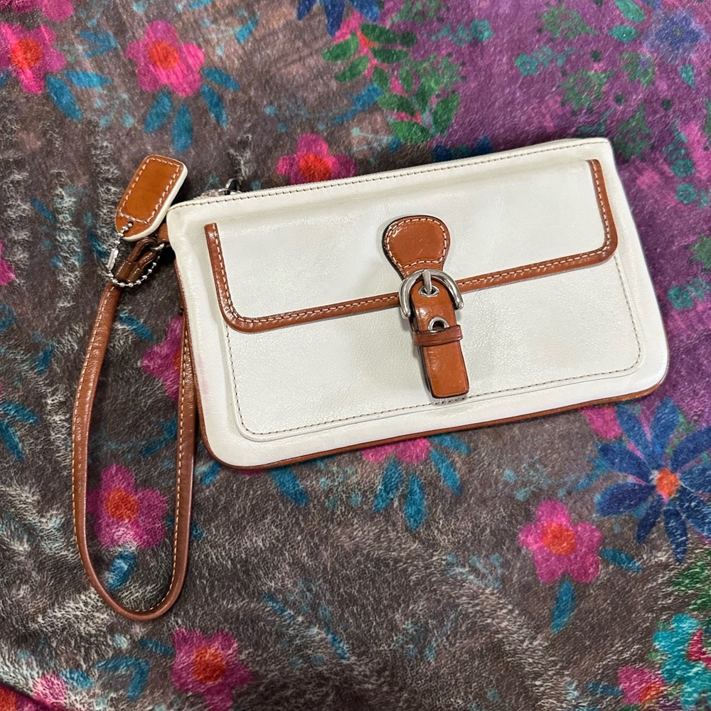 Coach white and brown leather clutch/wristlet